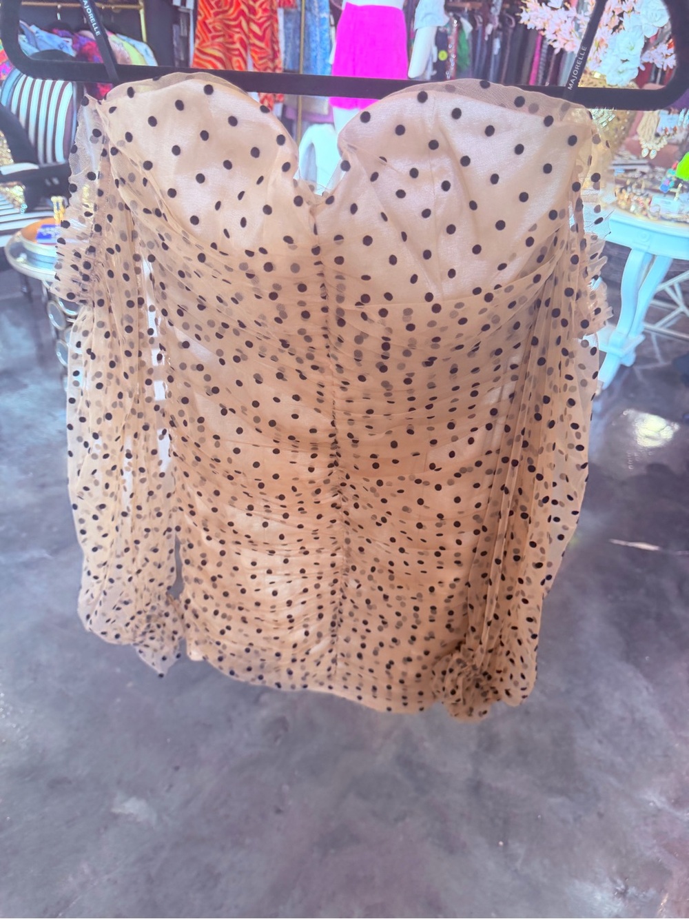 MAJORELLE Beige Polka Dot Strapless Organza Dress